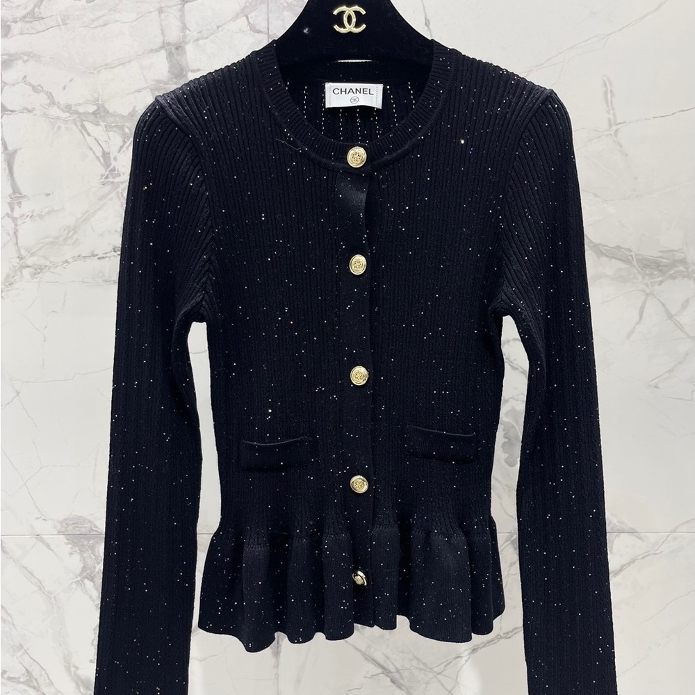 CHANEL Black Knit Sweater with Gold Accents